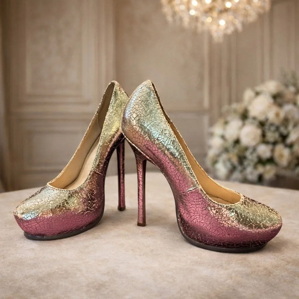 Saint Laurent YSL Gold‎ Metallic Cracked Leather Pointed Toe Pumps, 38/8